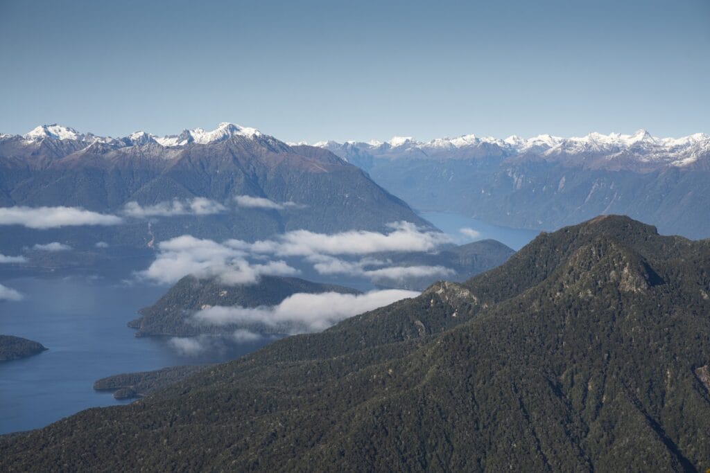 Aerial view of a fiordland landscape with snow-capped peaks, dense forests, and a distant lake partially obscured by clouds.